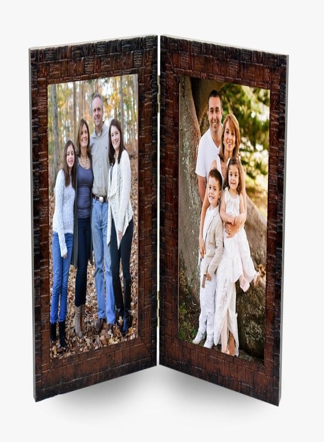KDM HOME DECOR إطار صور قابل للطي من KDM HOME DECOR، مقاس A5 (6x8 بوصة)، مصنوع من الخشب الصناعي المرن والزجاج (أكريليك)، مع حامل طاولة قابل للطي (يتسع لصورتين مقاس 6x8 بوصة)، بنمط صندوقي ولون بني ذهبي. - Image 2